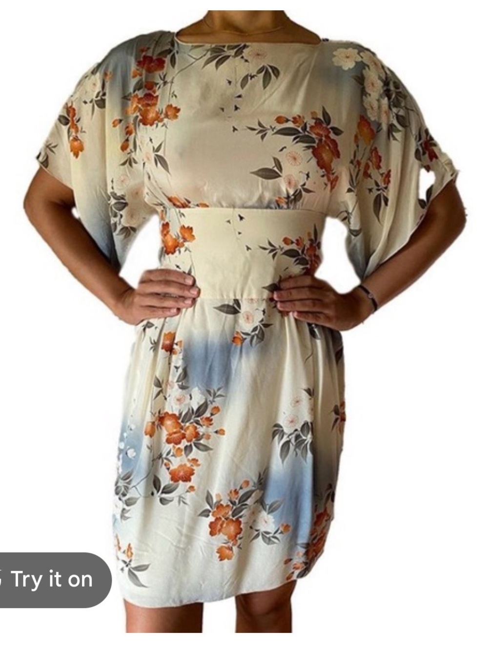 Anna Sui Cream Floral Midi Dress with Orange and Blue Accents
